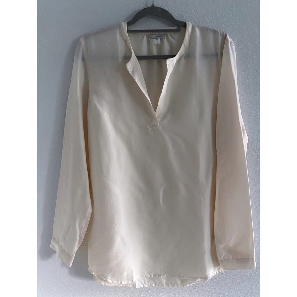 Garnet Hill Silk Top Womens 12 Ivory Long Sleeve Classic Neutral Preppy Luxury